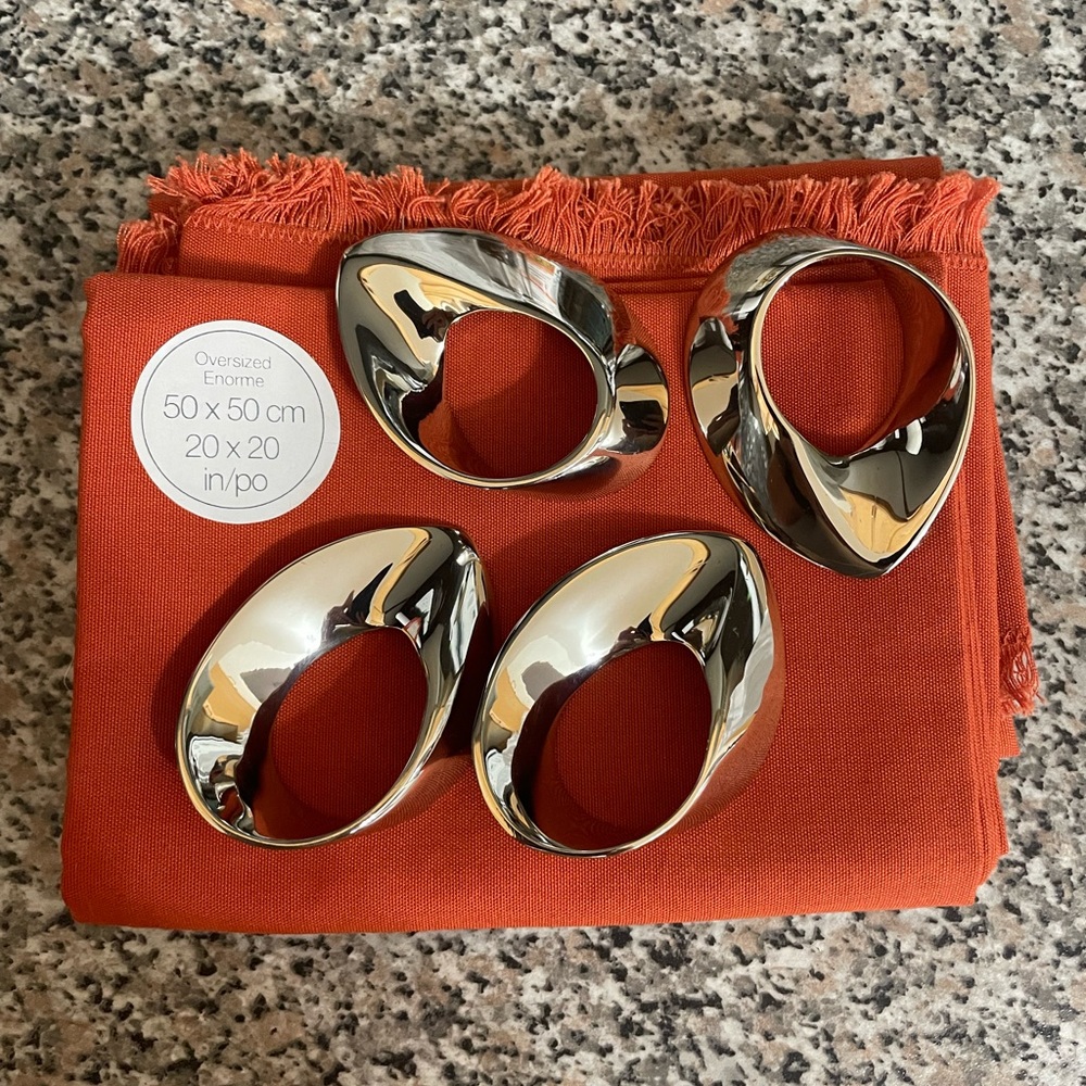 Distinctly Home 100% cotton napkins and silver time napkin rings.